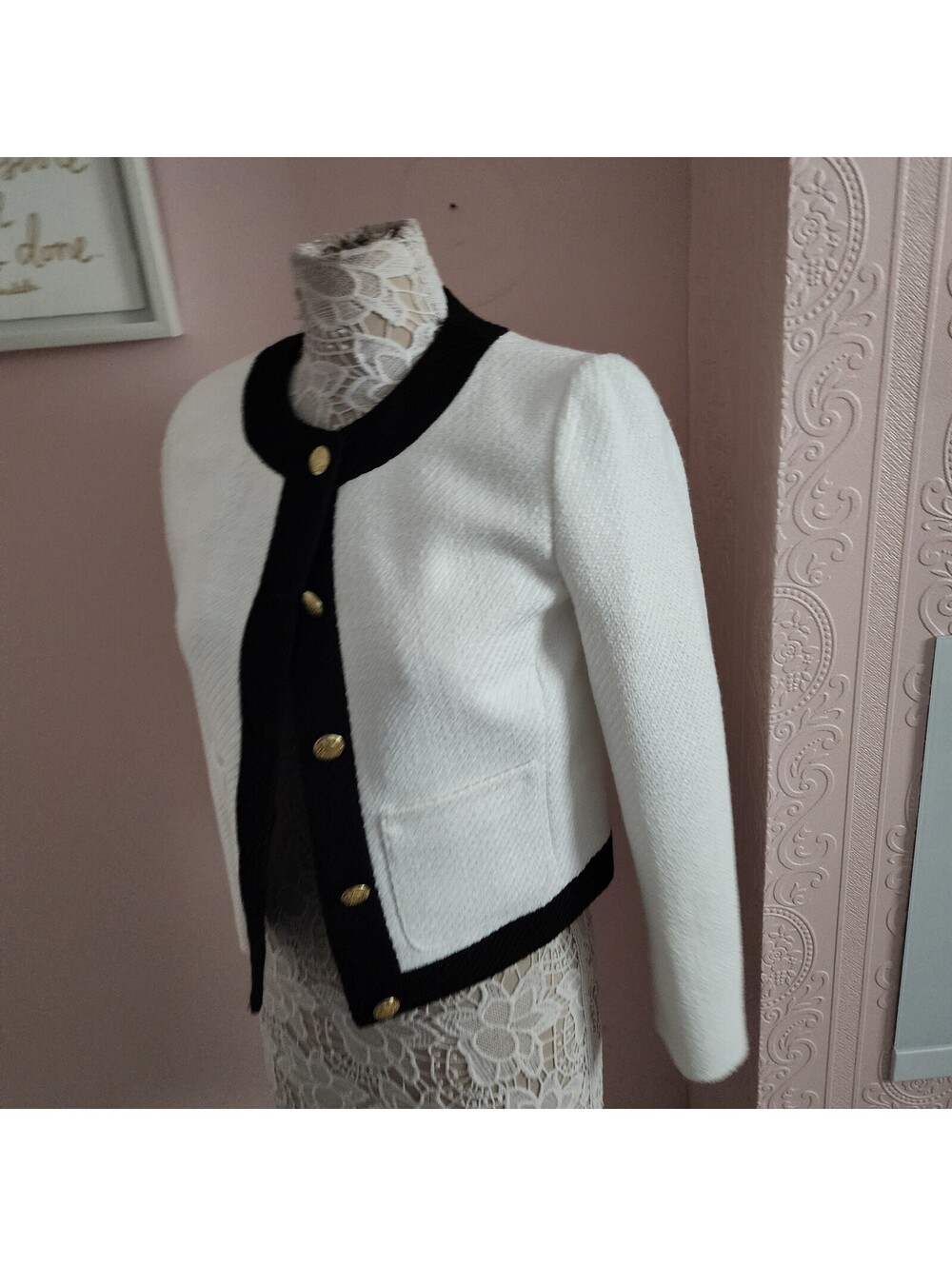 J.Crew Lady Jacket White Black Tweed Cropped Blazer Gold Buttons Women's - Picture 2 of 8
